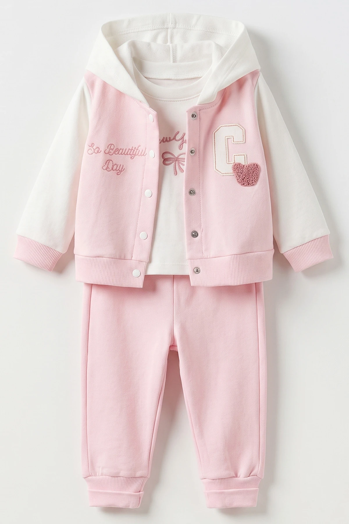Pembe (3-18 Ay) Kapüşonlu C Nakışlı Hırkalı Kız Bebek 3'lü Takım 487520