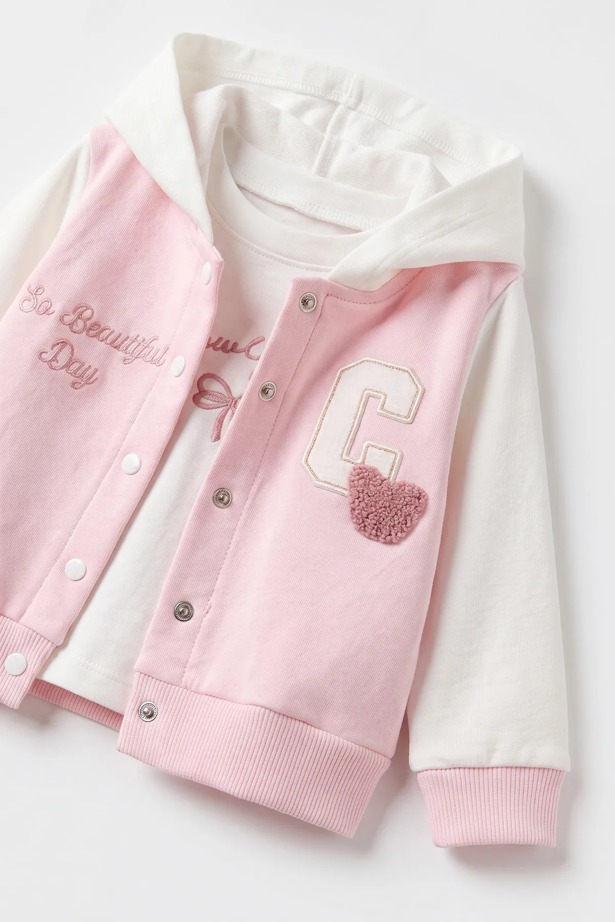 Pembe (3-18 Ay) Kapüşonlu C Nakışlı Hırkalı Kız Bebek 3'lü Takım 487520