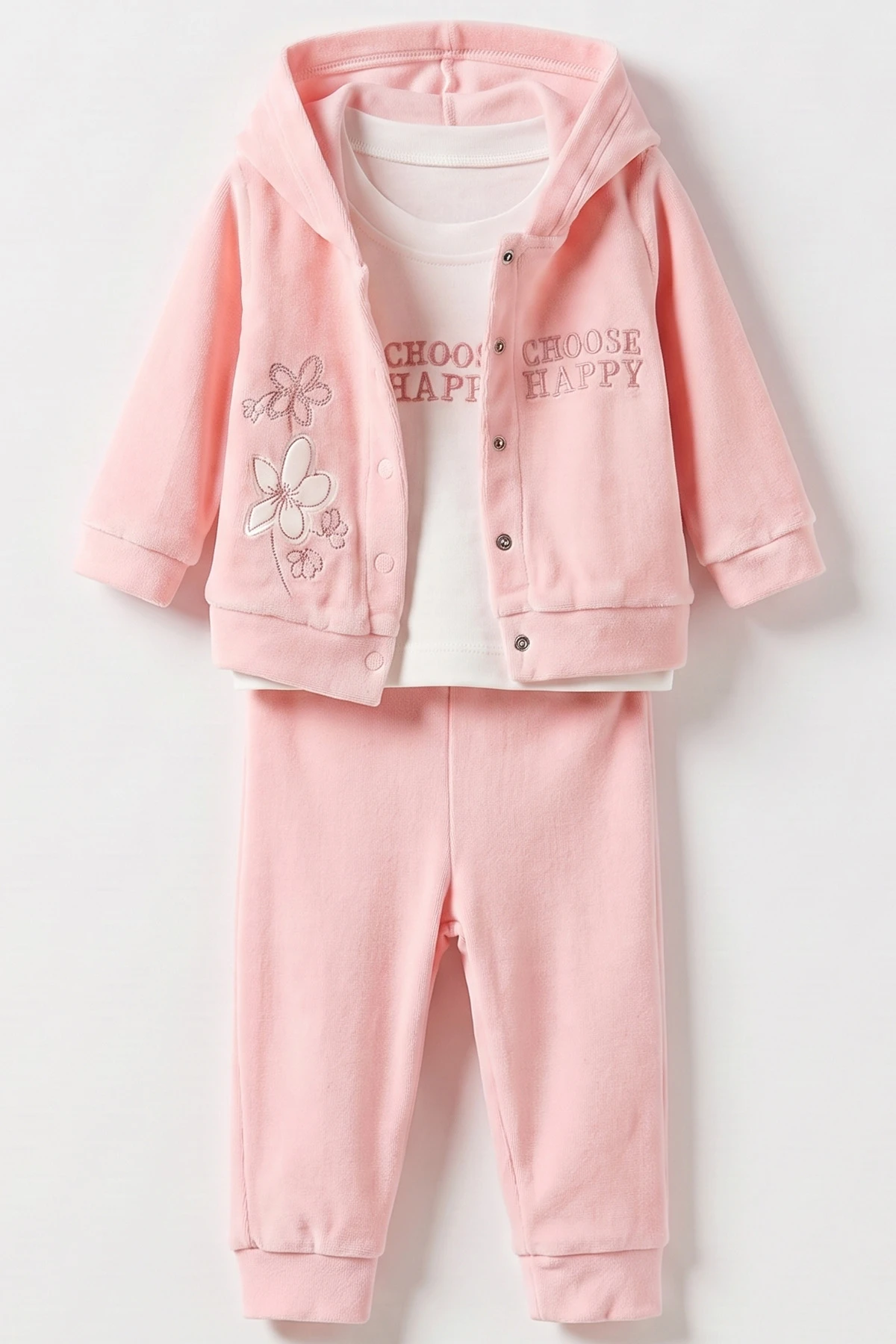 Pembe (3-18 Ay) Kapüşonlu  Nakışlı Hırkalı Kadife  Kız Bebek 3'lü Takım 487523