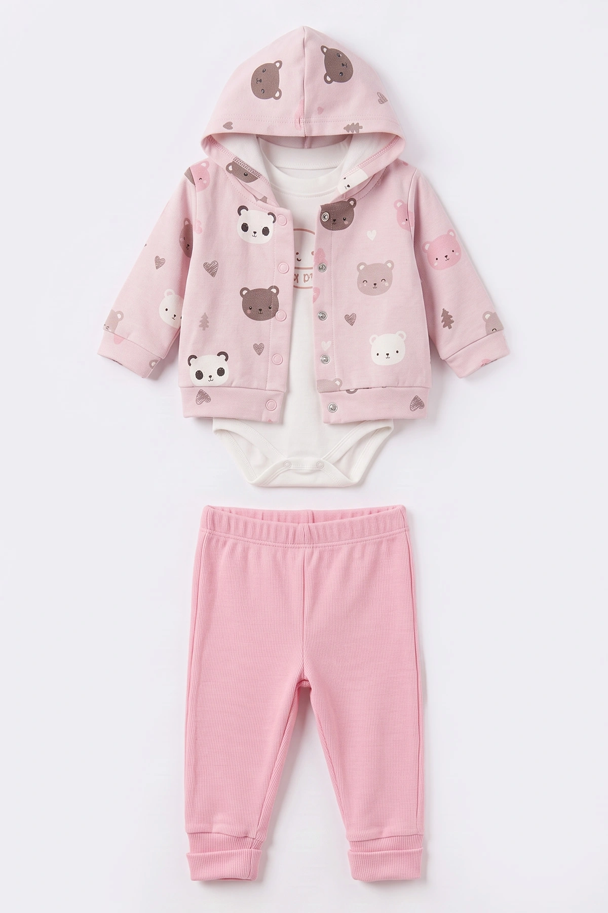 Pembe (3-18 Ay) Kapüşonlu Panda Baskılı  Hırkalı  Çıtçıtlı Zıbınlı  Kız Bebek 3'lü Takım 487548