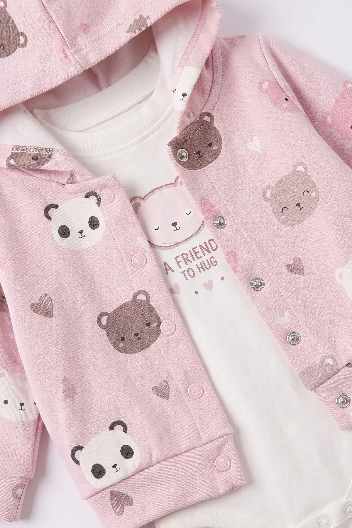 Pembe (3-18 Ay) Kapüşonlu Panda Baskılı Hırkalı Çıtçıtlı Zıbınlı Kız Bebek 3'lü Takım 487548