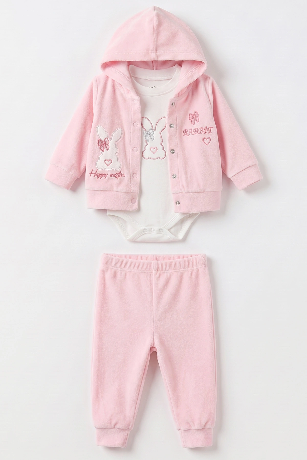 Pembe (3-18 Ay) Kapüşonlu Rabbit Nakışlı Hırkalı Çıtçıtlı Zıbınlı Kadife Kız Bebek 3'lü Takım 487527