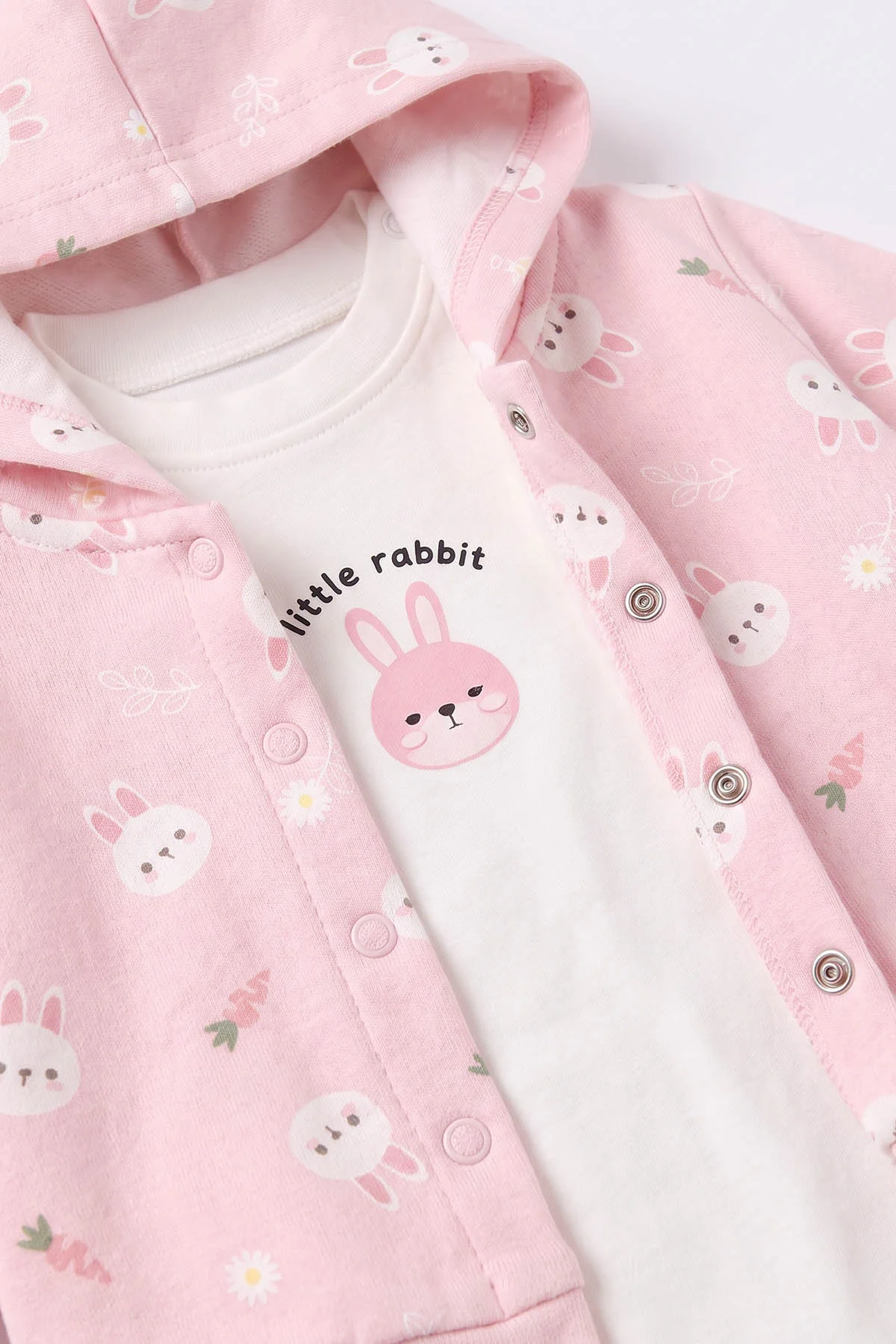 Pembe (3-18 Ay) Kapüşonlu Tavşan Baskılı  Hırkalı  Çıtçıtlı Zıbınlı  Kız Bebek 3'lü Takım 487539