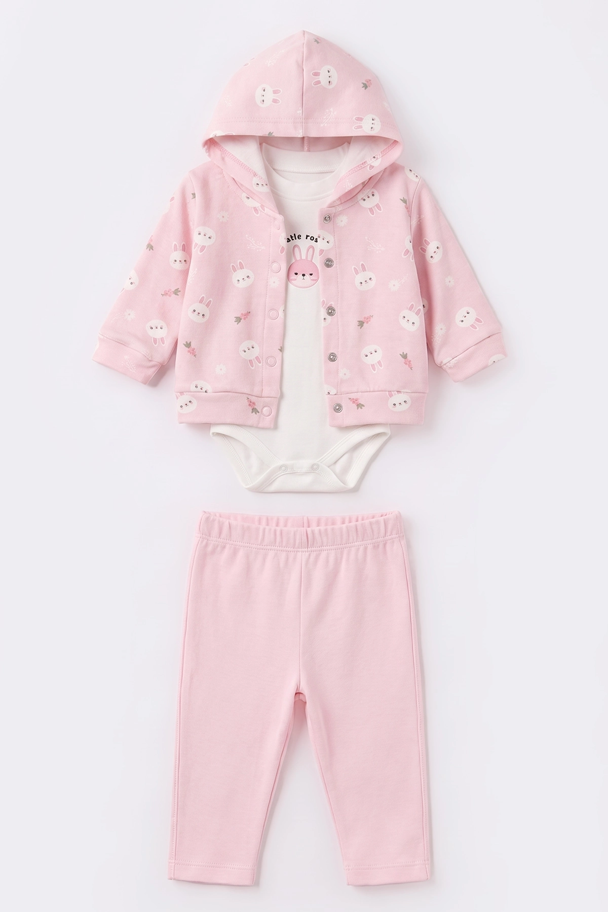 Pembe (3-18 Ay) Kapüşonlu Tavşan Baskılı Hırkalı Çıtçıtlı Zıbınlı Kız Bebek 3'lü Takım 487539