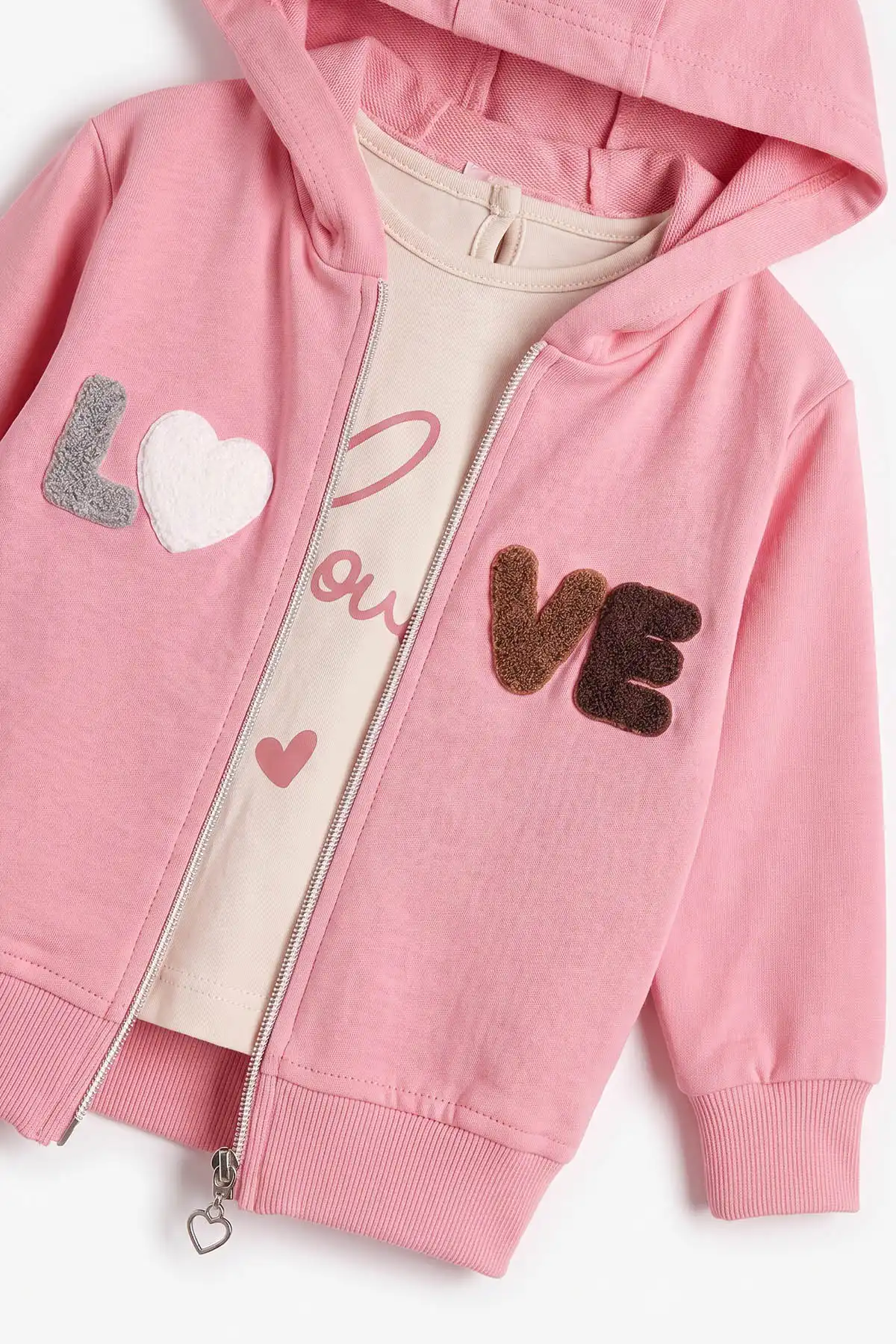 Pembe (3-18 Ay) Love Nakışlı 3'lü Kapüşonlu Kız Bebek Takım 475897