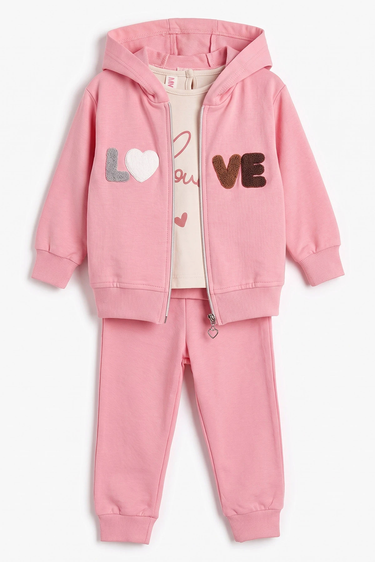 Pembe (3-18 Ay) Love Nakışlı 3'lü Kapüşonlu Kız Bebek Takım 475897