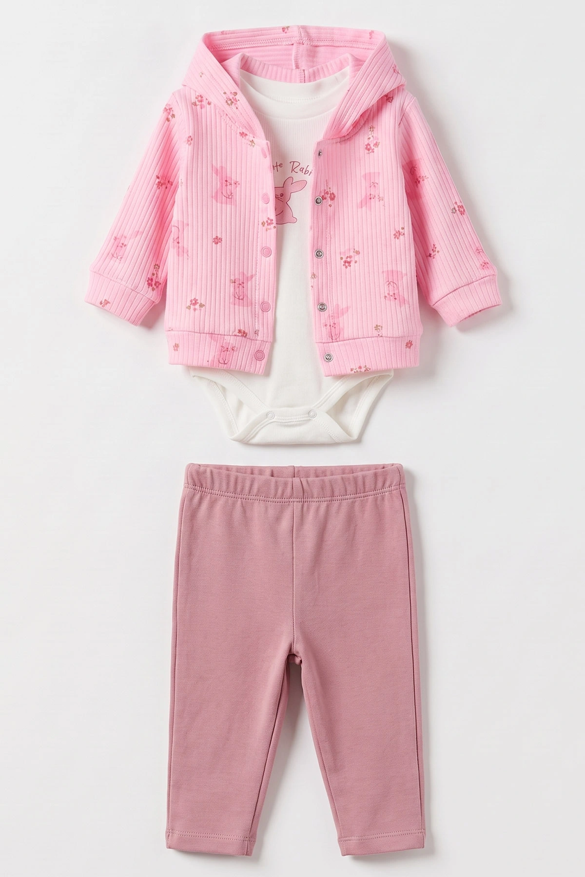 Pembe (3-18 Ay) Tavşan Baskılı Kapüşonlu Hırkalı Çıtçıtlı Zıbınlı  Kız Bebek 3'lü Takım 487063