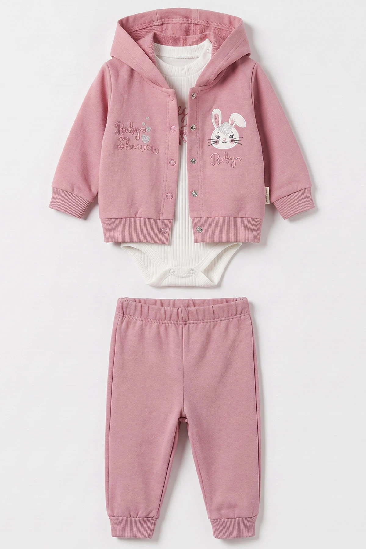 Pembe (3-18 Ay) Tavşan Nakışlı Kapüşonlu Hırkalı Çıtçıtlı Zıbınlı Kız Bebek 3'lü Takım 487067
