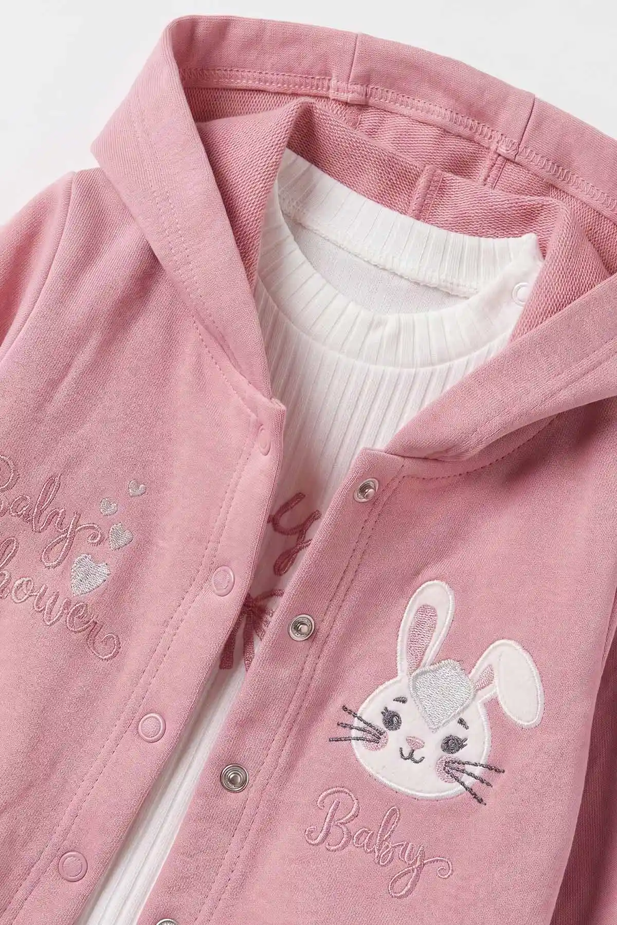 Pembe (3-18 Ay) Tavşan Nakışlı Kapüşonlu Hırkalı Çıtçıtlı Zıbınlı Kız Bebek 3'lü Takım 487067