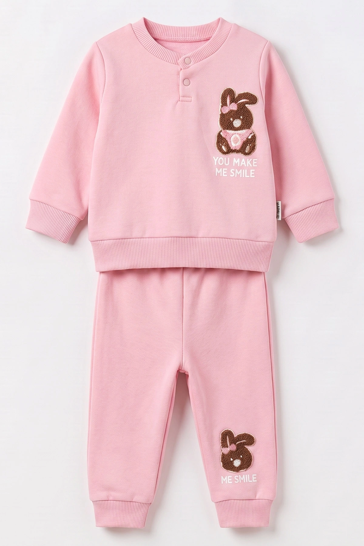 Pembe (3-24 Ay) Süzene Tavşan Nakışlı Yaka Çıtlı 3 İp Şardonlu Kız Bebek Kışlık Takım 495556