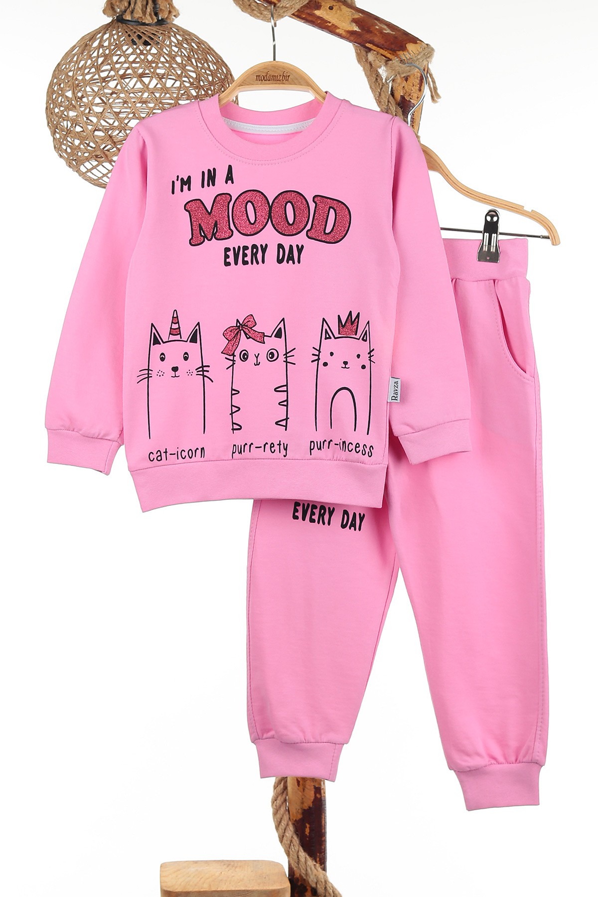 Pembe (3-6 Yaş) Mutlu Kediler Baskılı Kız Çocuk Takım 142654