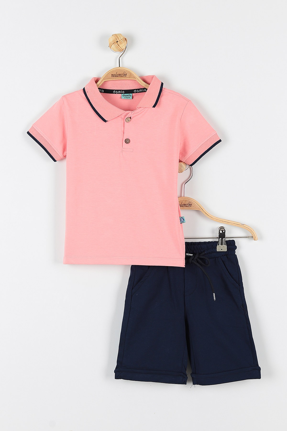 Pembe (3-6 Yaş) Yaka Çizgili Belden Bağlamalı Duble Paça Katlamalı  Erkek Çocuk Takım 174206