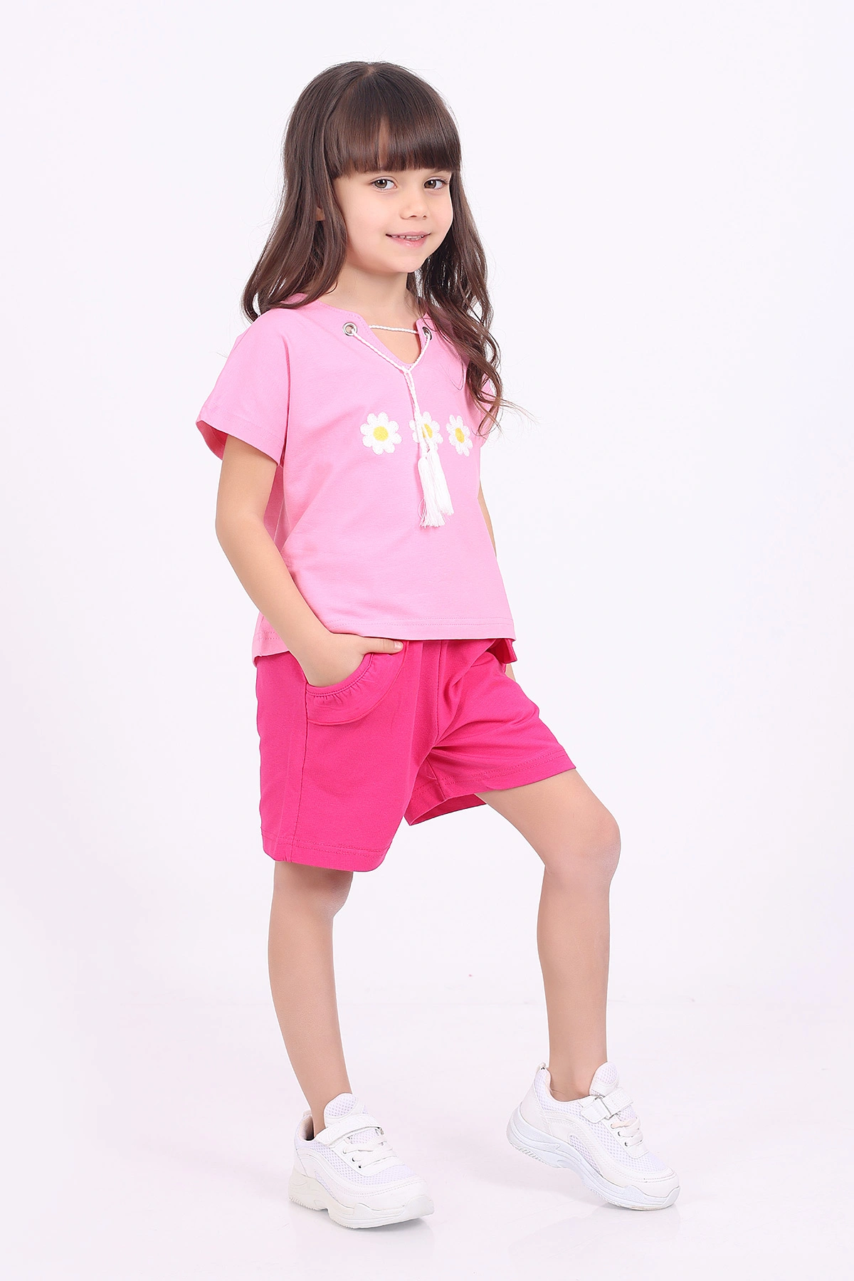 Pembe (3-6 Yaş)İp Bağlamalı Çiçek Nakışlı Şortlu Kız Çocuk Yazlık Takım 347491