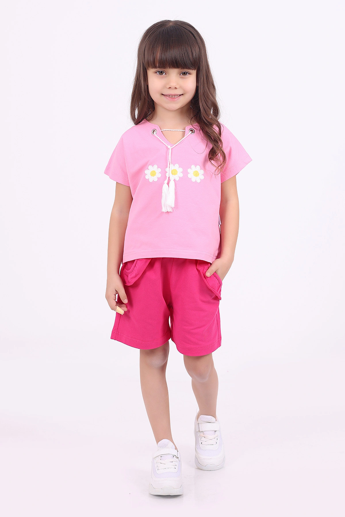Pembe (3-6 Yaş)İp Bağlamalı Çiçek Nakışlı Şortlu Kız Çocuk Yazlık Takım 347491