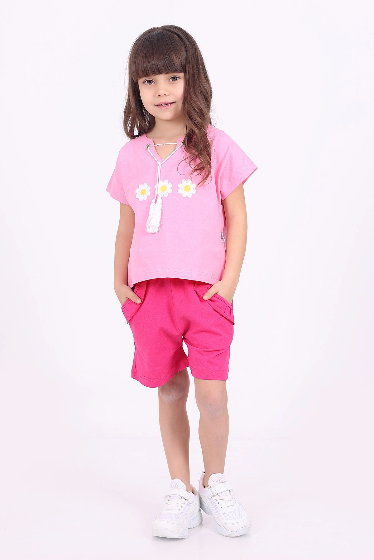 Pembe (3-6 Yaş)İp Bağlamalı Çiçek Nakışlı Şortlu Kız Çocuk Yazlık Takım 347491