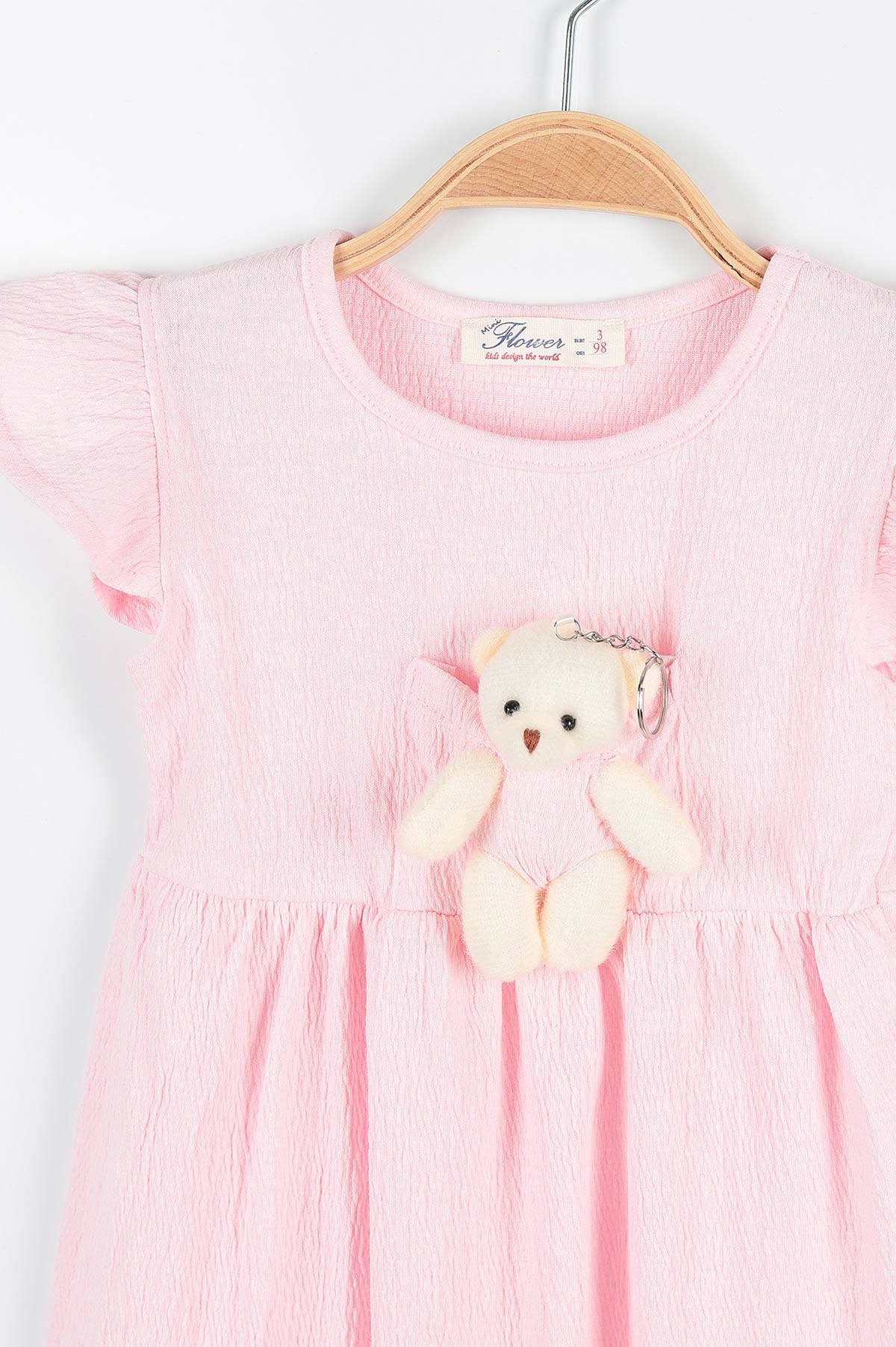 Pembe (3-7 Yaş) Ayı Oyuncaklı Kol Fırfırlı Kız Çocuk Elbise 169826