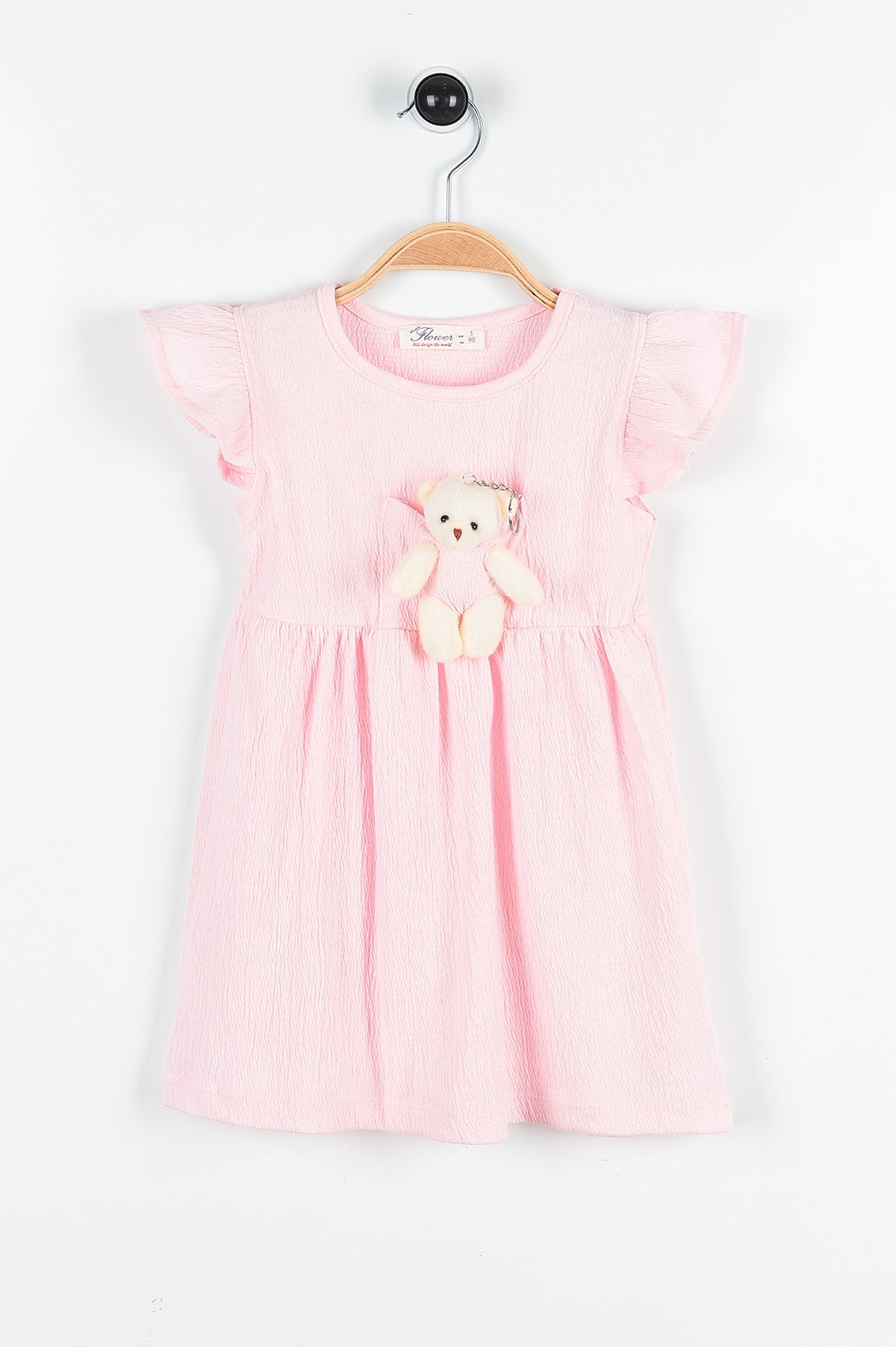 Pembe (3-7 Yaş) Ayı Oyuncaklı Kol Fırfırlı Kız Çocuk Elbise 169826