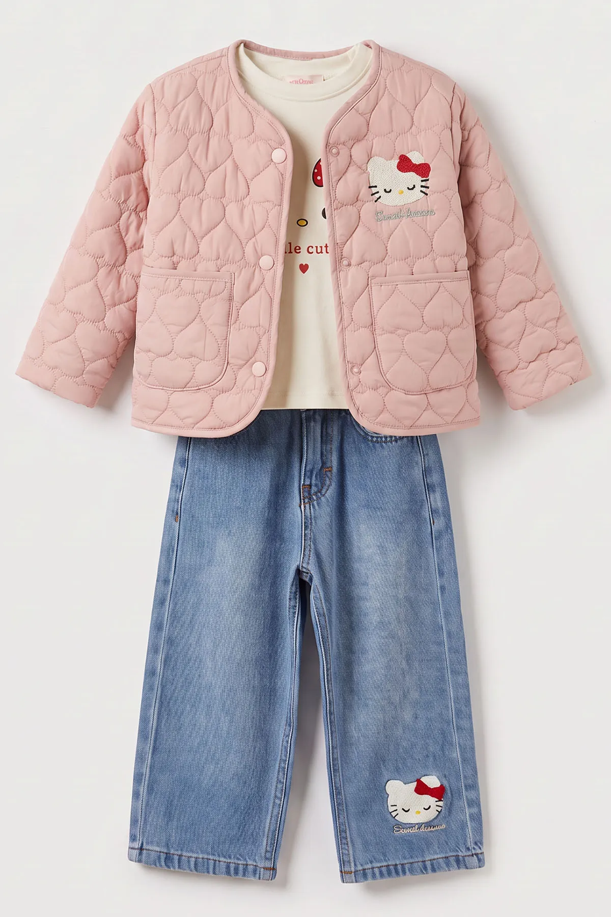 Pembe (3-7  Yaş) Baskılı Badili Kot Pantolonlu Kapitone Ceketli Kız Çocuk 3'lü Takım 500930