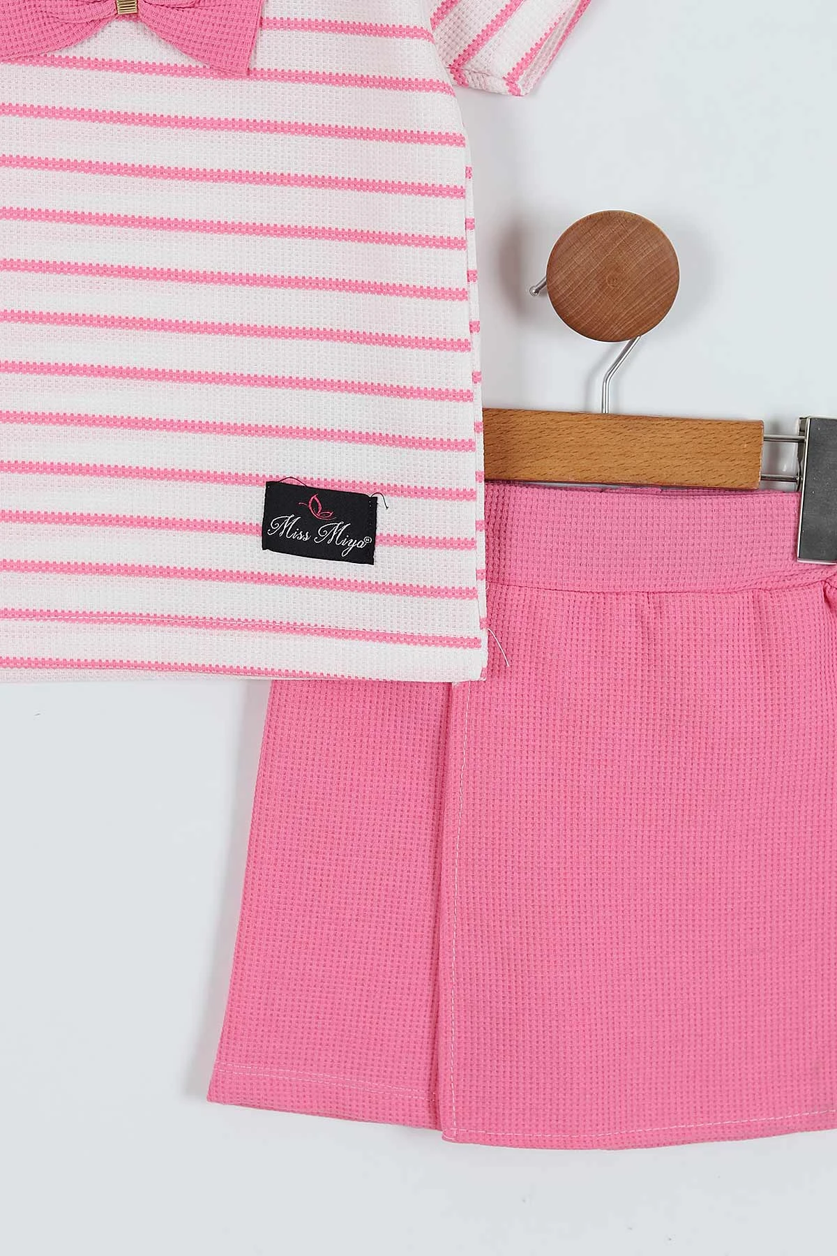 Pembe (3-7 Yaş) Çizgili Fiyonklu Şort Etekli Kız Çocuk Takım 271327