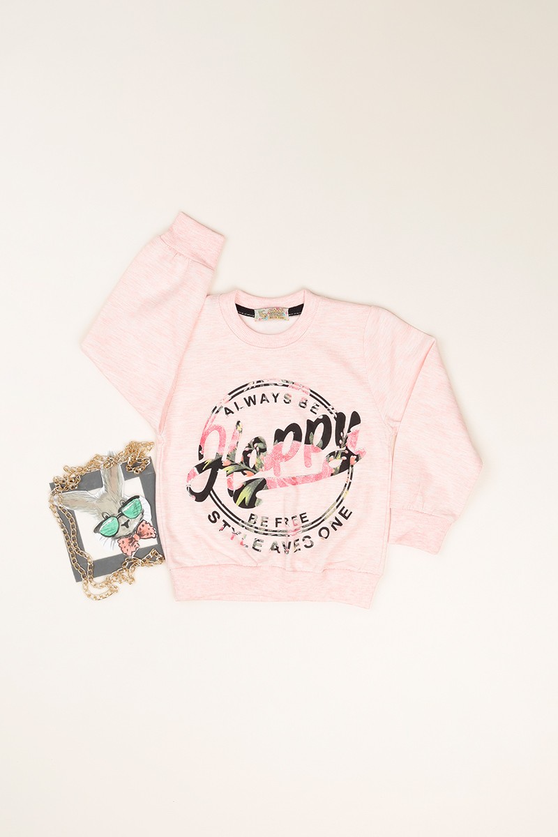 Pembe (3-12 Yaş) Happy Baskılı İçi Şardonlu Kız Çocuk Sweatshirt 82153