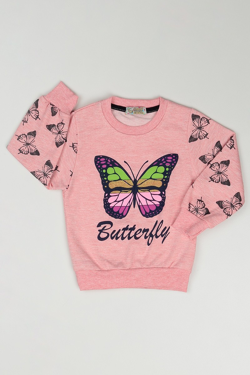 Pembe (3-12 Yaş) Kelebek Baskılı Kız Çocuk Sweatshirt 84890