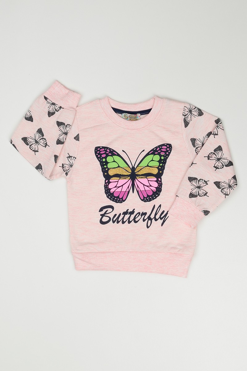 Pembe (3-7 Yaş) Kelebek Baskılı Kız Çocuk Sweatshirt 90859