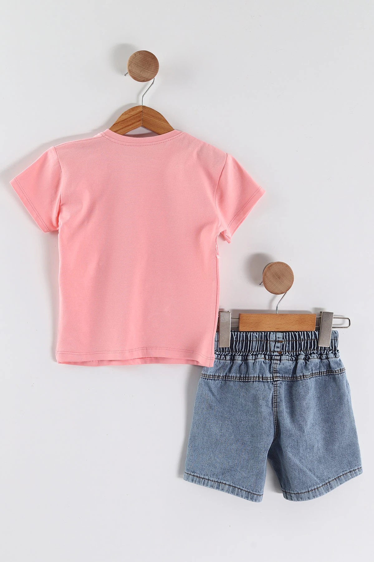 Pembe (3-7 Yaş)Çiçek Nakışlı Önden Cepli Kot Şortlu Kız Çocuk Takım 458646