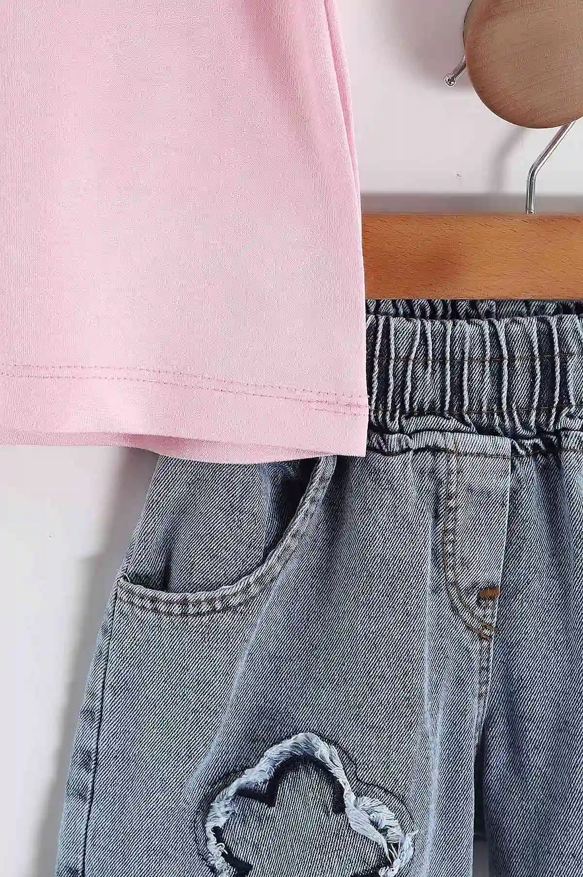 Pembe (3-7 Yaş)Çiçek Nakışlı Taşlı Kot Şortlu Kız Çocuk Takım 455272