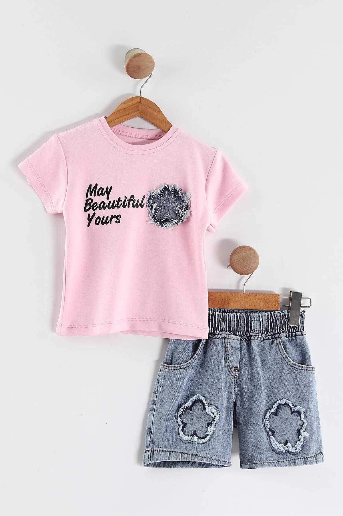 Pembe (3-7 Yaş)Çiçek Nakışlı Taşlı Kot Şortlu Kız Çocuk Takım 455272