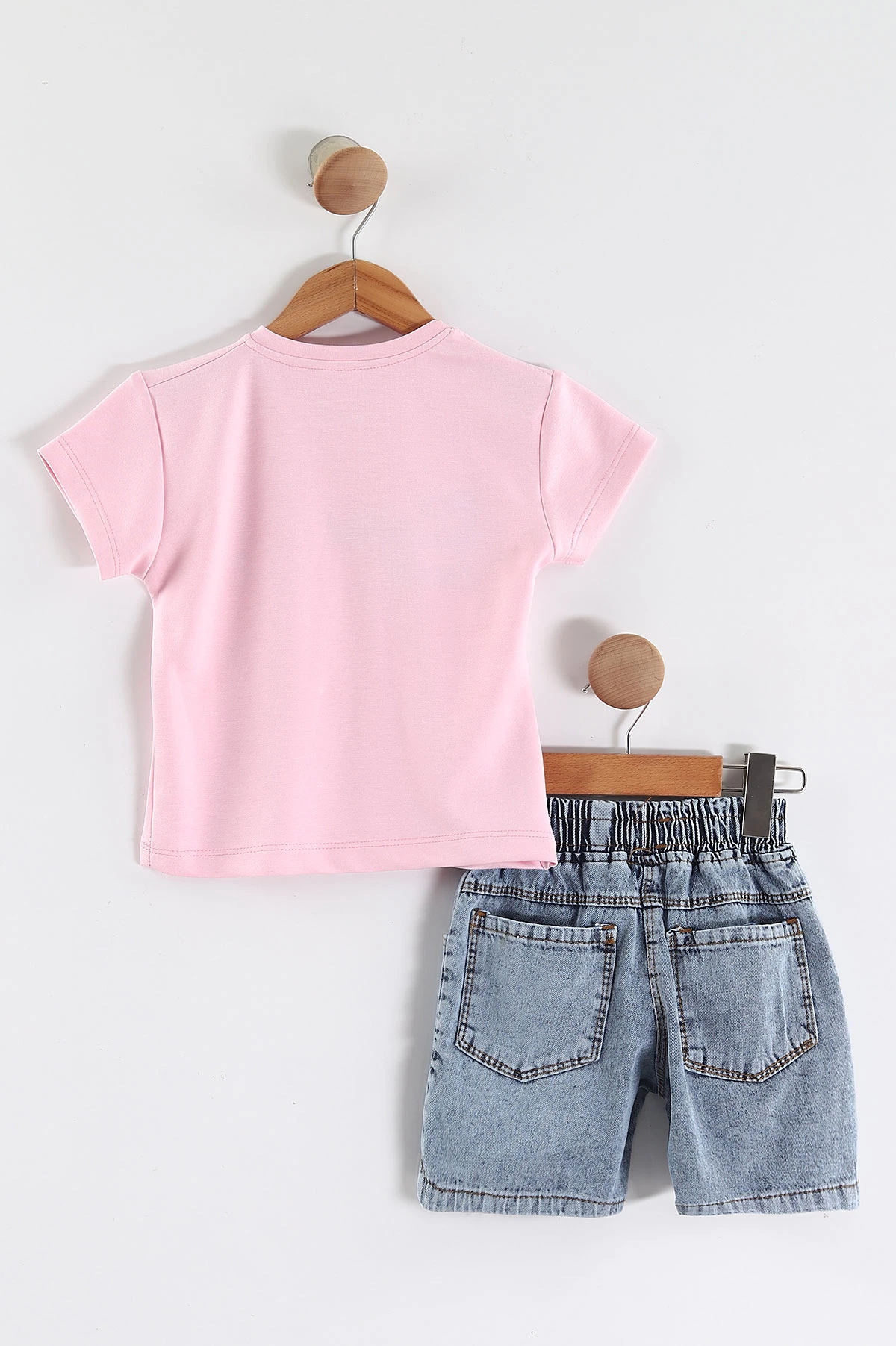 Pembe (3-7 Yaş)Çiçek Nakışlı Taşlı Kot Şortlu Kız Çocuk Takım 455272