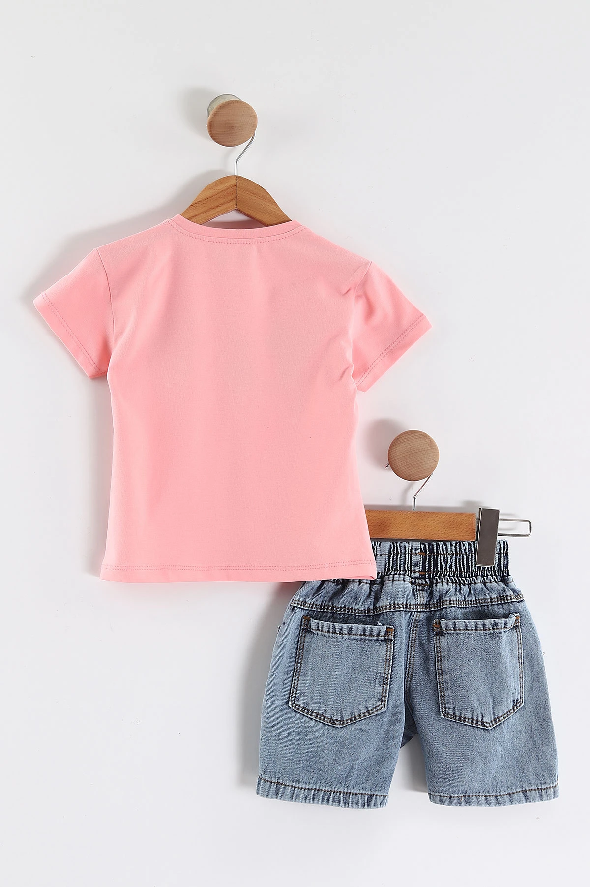 Pembe (3-7 Yaş)Kalp Nakışlı Fiyonklu Kot Şortlu Kız Çocuk Takım 455275
