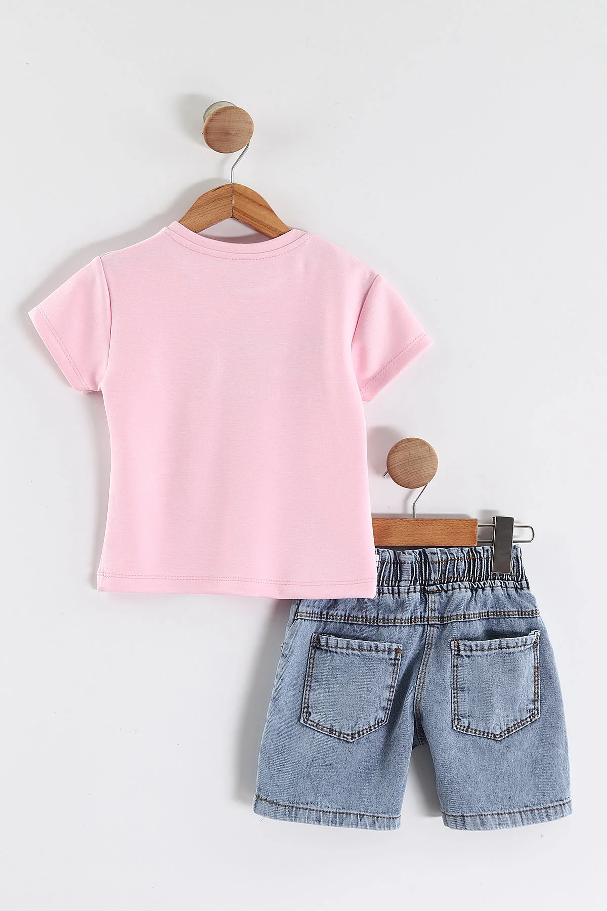 Pembe (3-7 Yaş)Kalp Nakışlı Taşlı Kot Şortlu Kız Çocuk Takım 455269