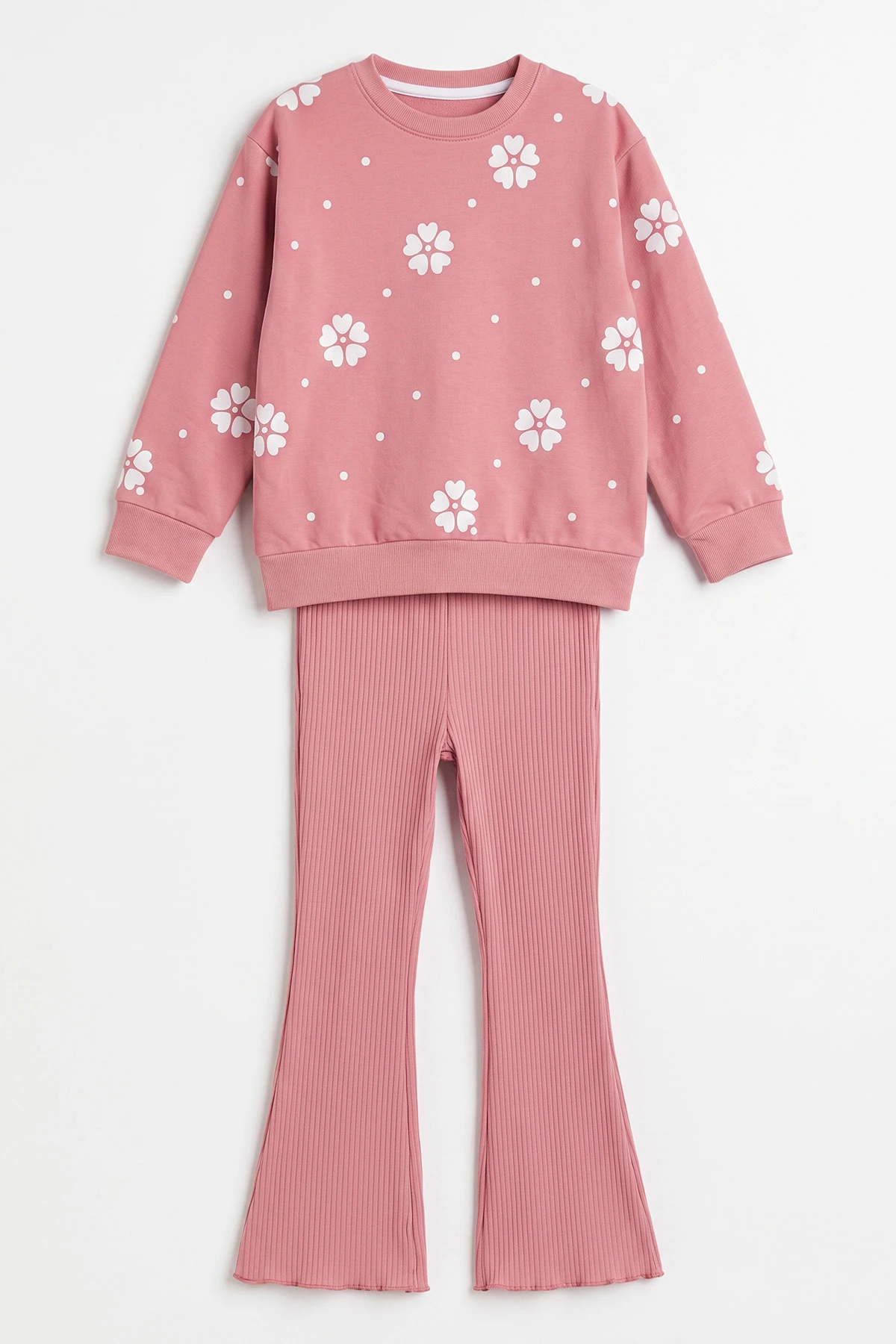 Pembe (3-8 Yaş) Çiçek Baskılı 2 İp Sweatli Fitilii Bol Paça Taytlı Kız Çocuk Mevsimlik Takım 484946