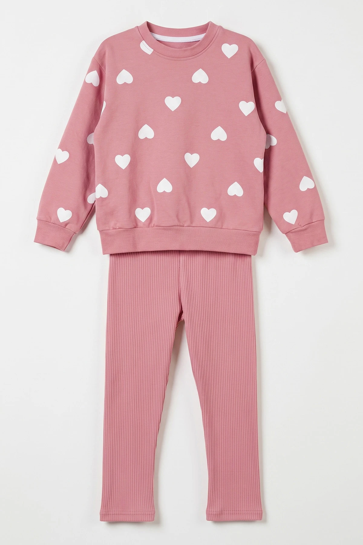Pembe (3-8 Yaş) Kalp Baskılı 2 İp Sweatli Fitilii Taytlı Kız Çocuk Mevsimlik Takım 484932