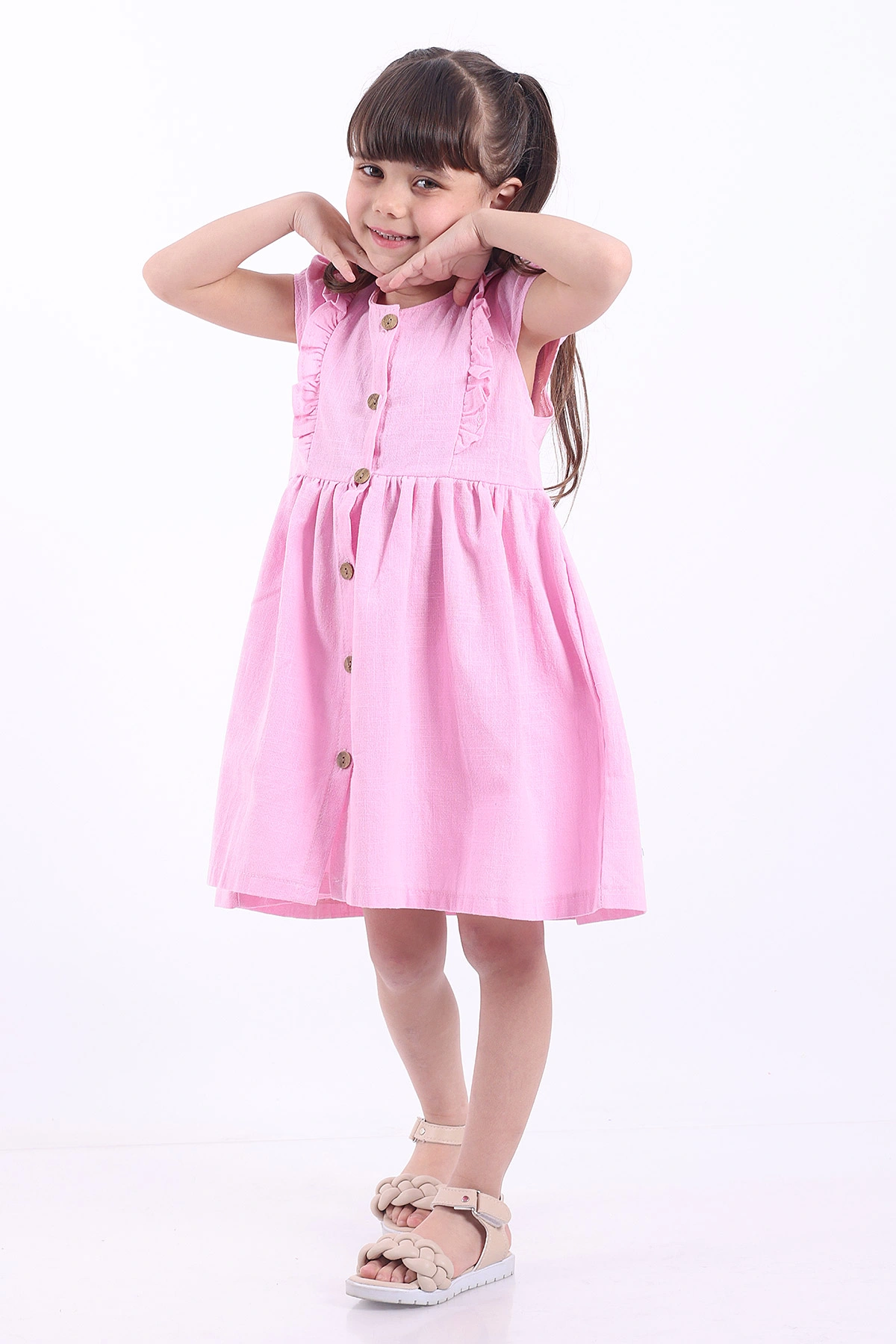 Pembe (3-8 Yaş)Önden Fırfırlı Düğmeli Kız Çocuk Elbise 345128