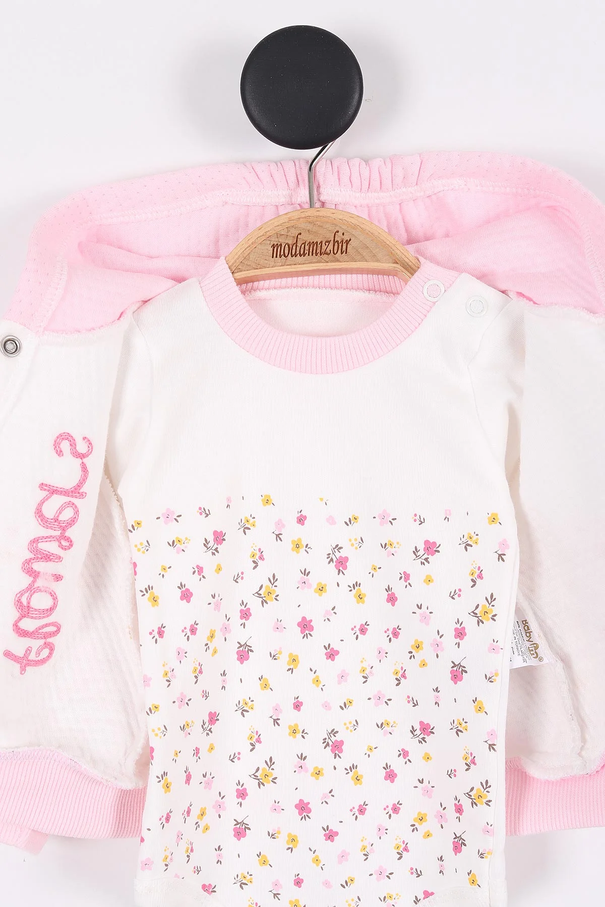 Pembe (3-9 Ay) Flowers Nakışlı Çiçek Desenli Kapüşonlu Kız Bebek Takım 279948
