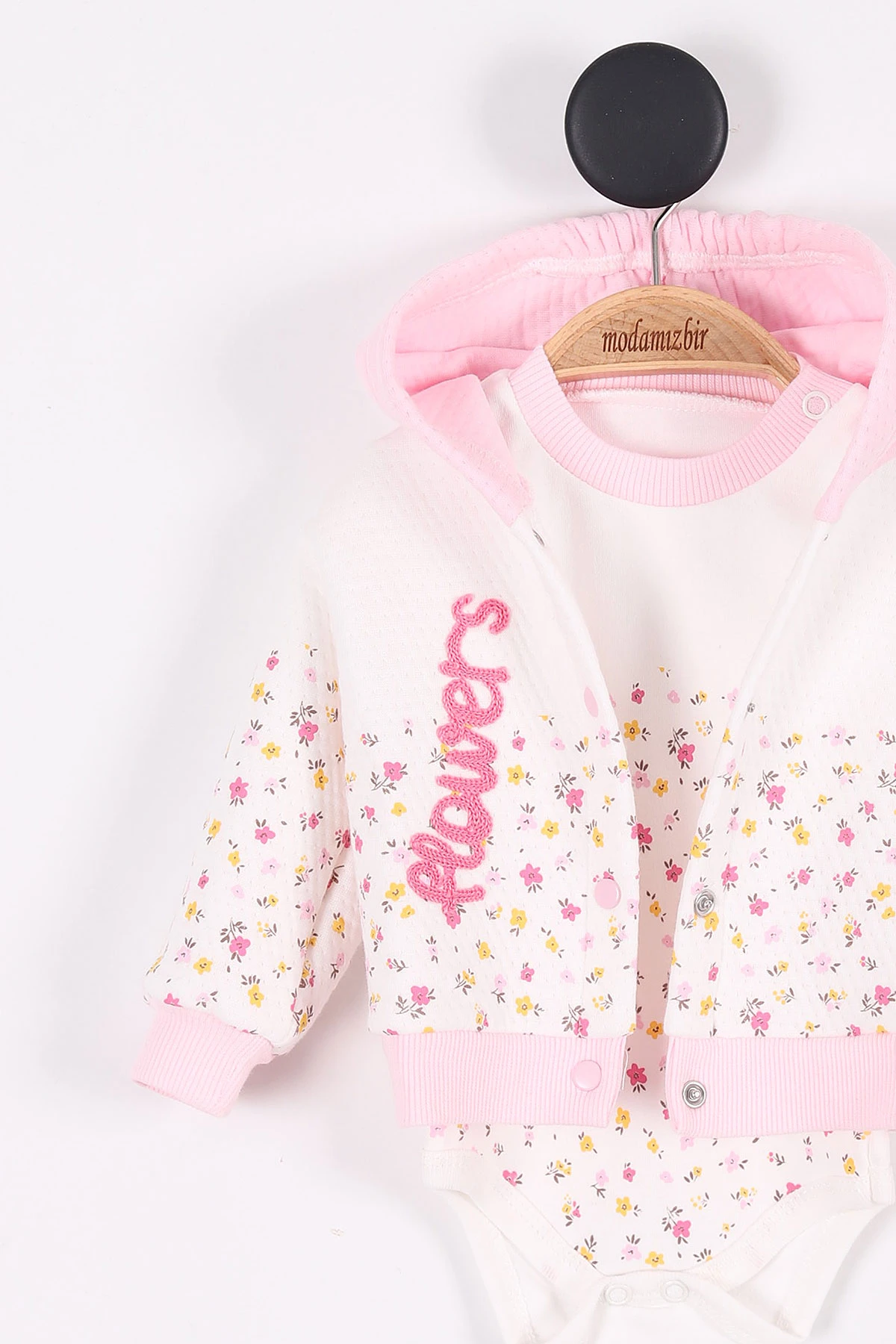 Pembe (3-9 Ay) Flowers Nakışlı Çiçek Desenli Kapüşonlu Kız Bebek Takım 279948