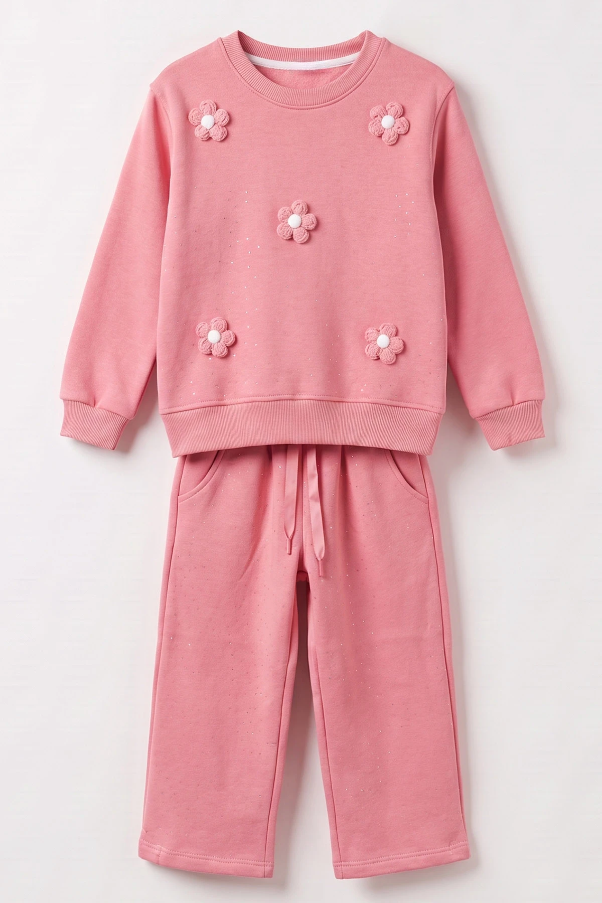 Pembe (4-11 Yaş) Çiçek Nakışlı Taşlı Baskılı 3 İp Şardonlu Kız Çocuk Kışlık Takım 482971