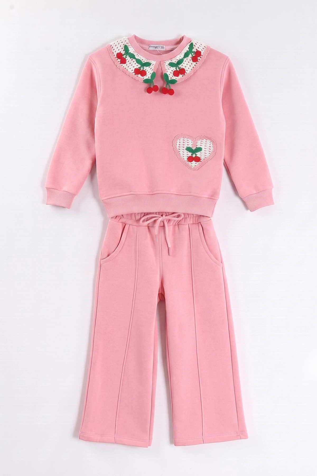 Pembe (4-11 Yaş) Yakası Kiraz Nakışlı 3 İp Şardonlu Kız Çocuk Kışlık Takım 483043