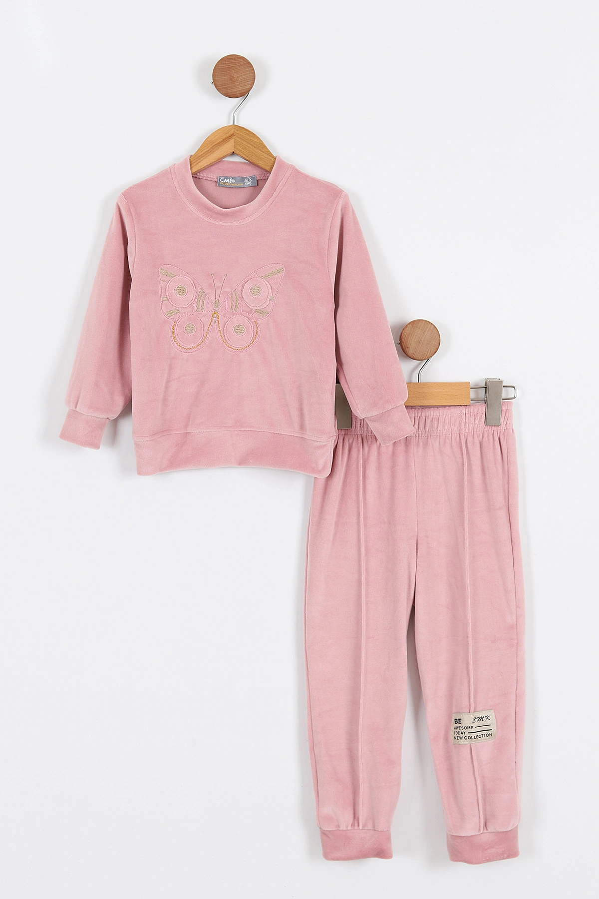 Pembe (4-11 Yaş)Kelebek Nakışlı Kadife Kız Çocuk Takım 308799