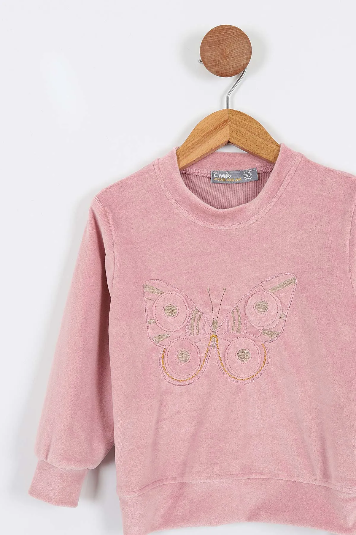 Pembe (4-11 Yaş)Kelebek Nakışlı Kadife Kız Çocuk Takım 308799