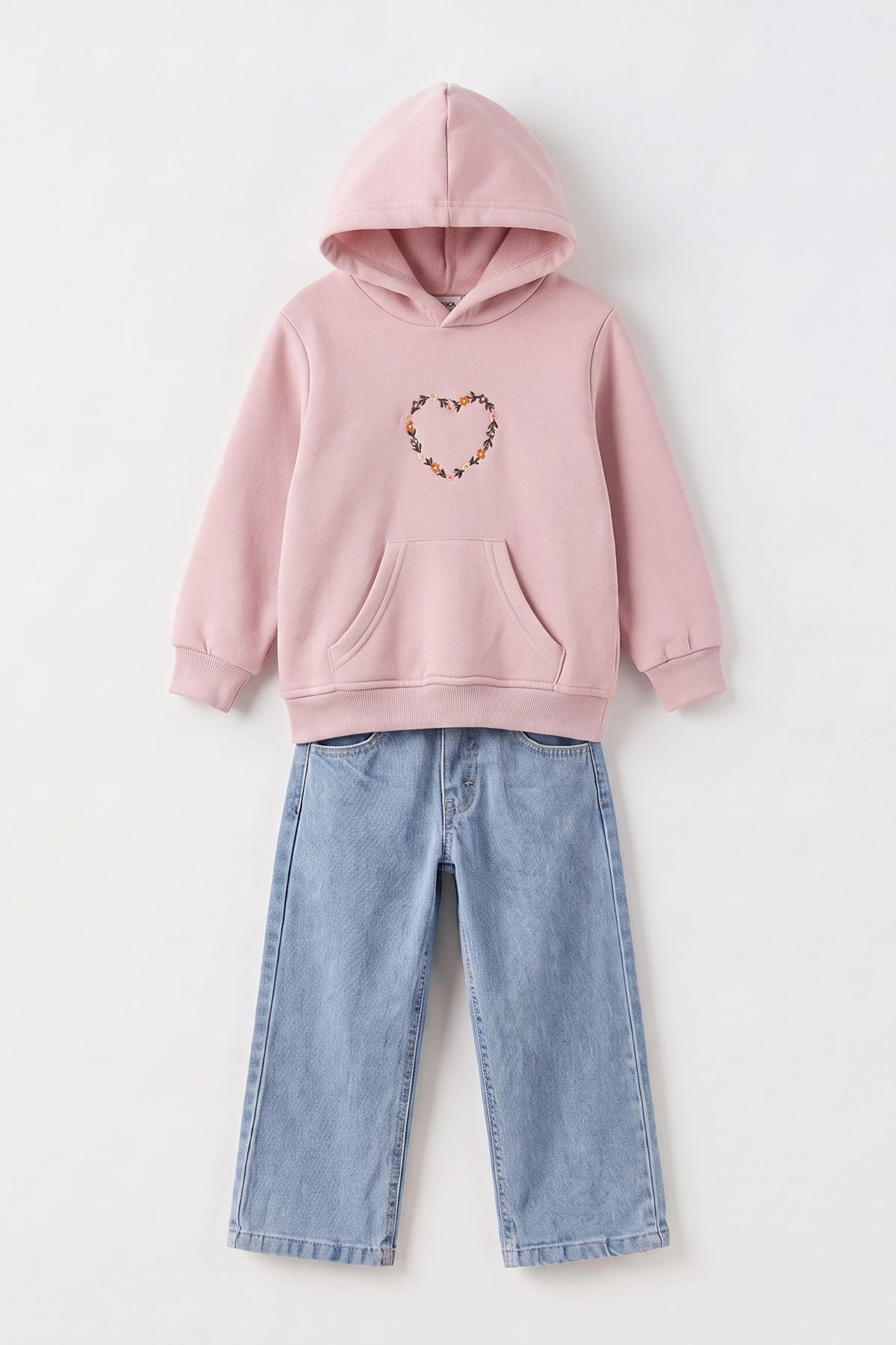 Pembe (4-12 Yaş) 3 İplik Şardonlu Sweatshirt Kot Pantolon Kız Çocuk İkili Takım 497602
