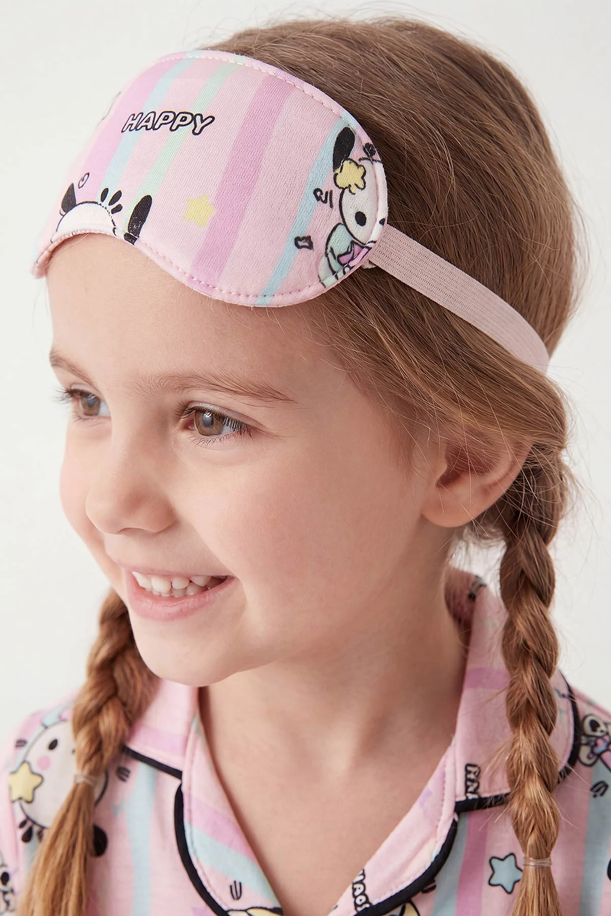 Pembe (4-12 Yaş) Baskılı Kısa Kol Ön Düğmeli Göz Bandı Detaylı Kız Çocuk Pijama Takım 453254