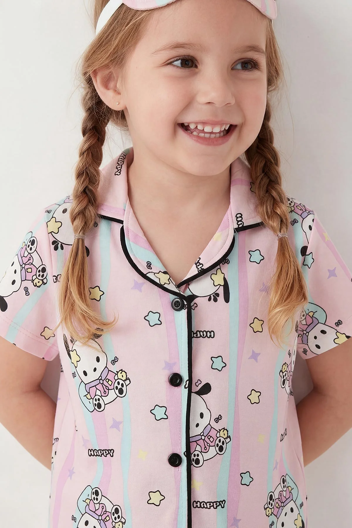 Pembe (4-12 Yaş) Baskılı Kısa Kol Ön Düğmeli Göz Bandı Detaylı Kız Çocuk Pijama Takım 453254