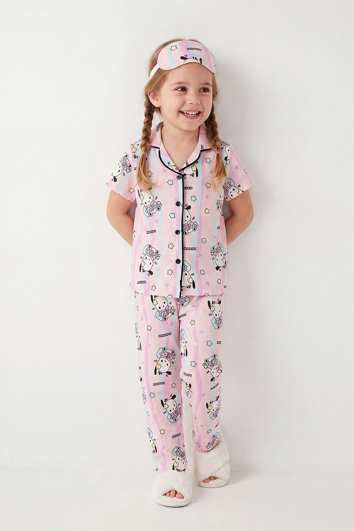 Pembe (4-12 Yaş) Baskılı Kısa Kol Ön Düğmeli Göz Bandı Detaylı Kız Çocuk Pijama Takım 453254