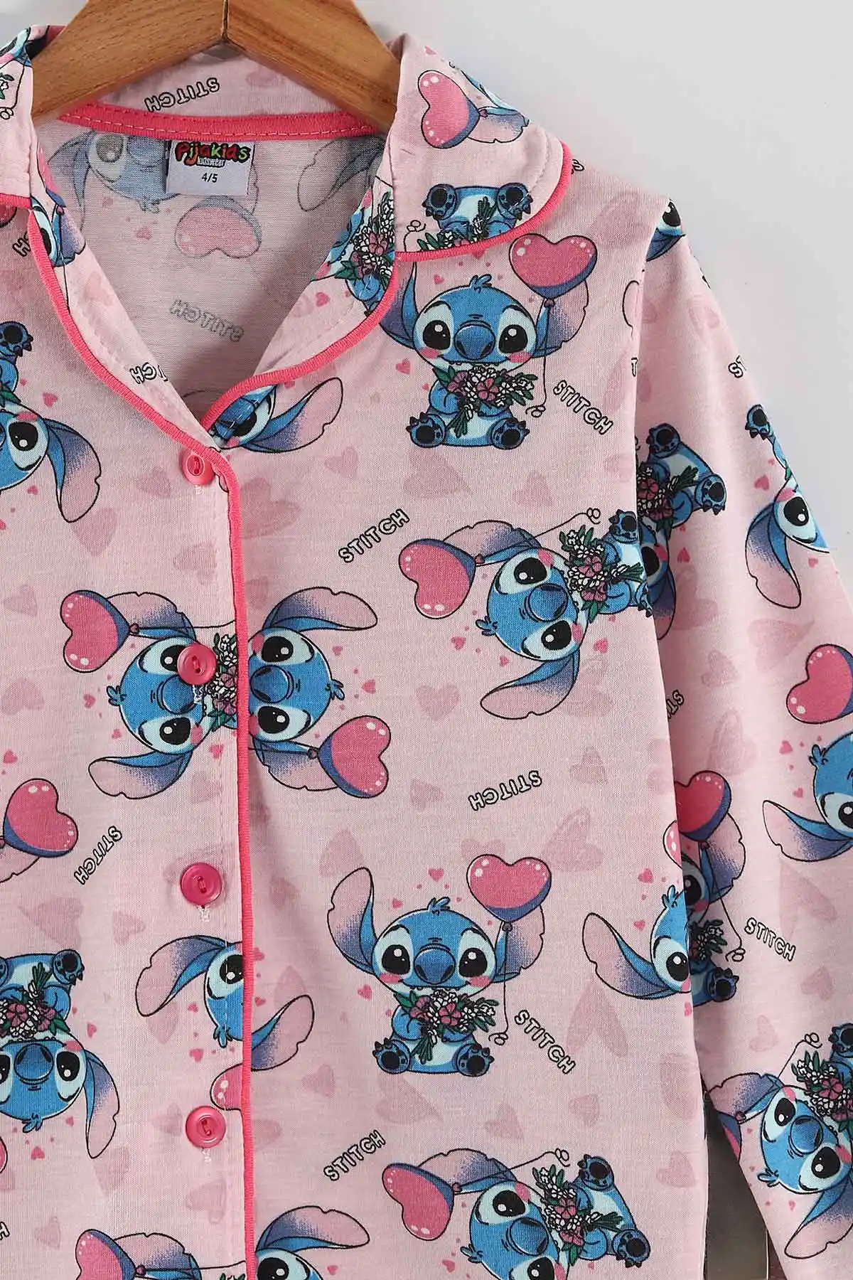 Pembe (4-12 Yaş) Baskılı Uzun Kol Ön Düğmeli Göz Bandı Detaylı Kız Çocuk Pijama Takım 453260