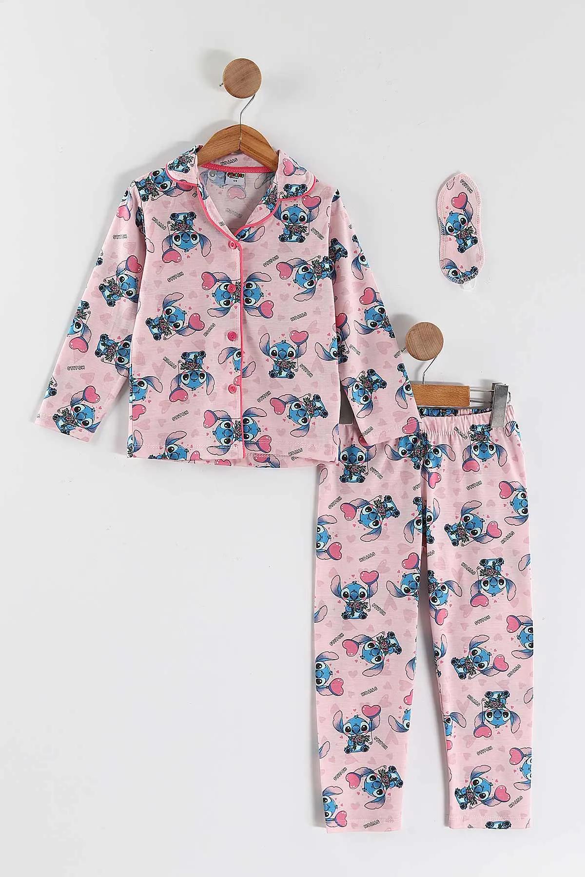 Pembe (4-12 Yaş) Baskılı Uzun Kol Ön Düğmeli Göz Bandı Detaylı Kız Çocuk Pijama Takım 453260