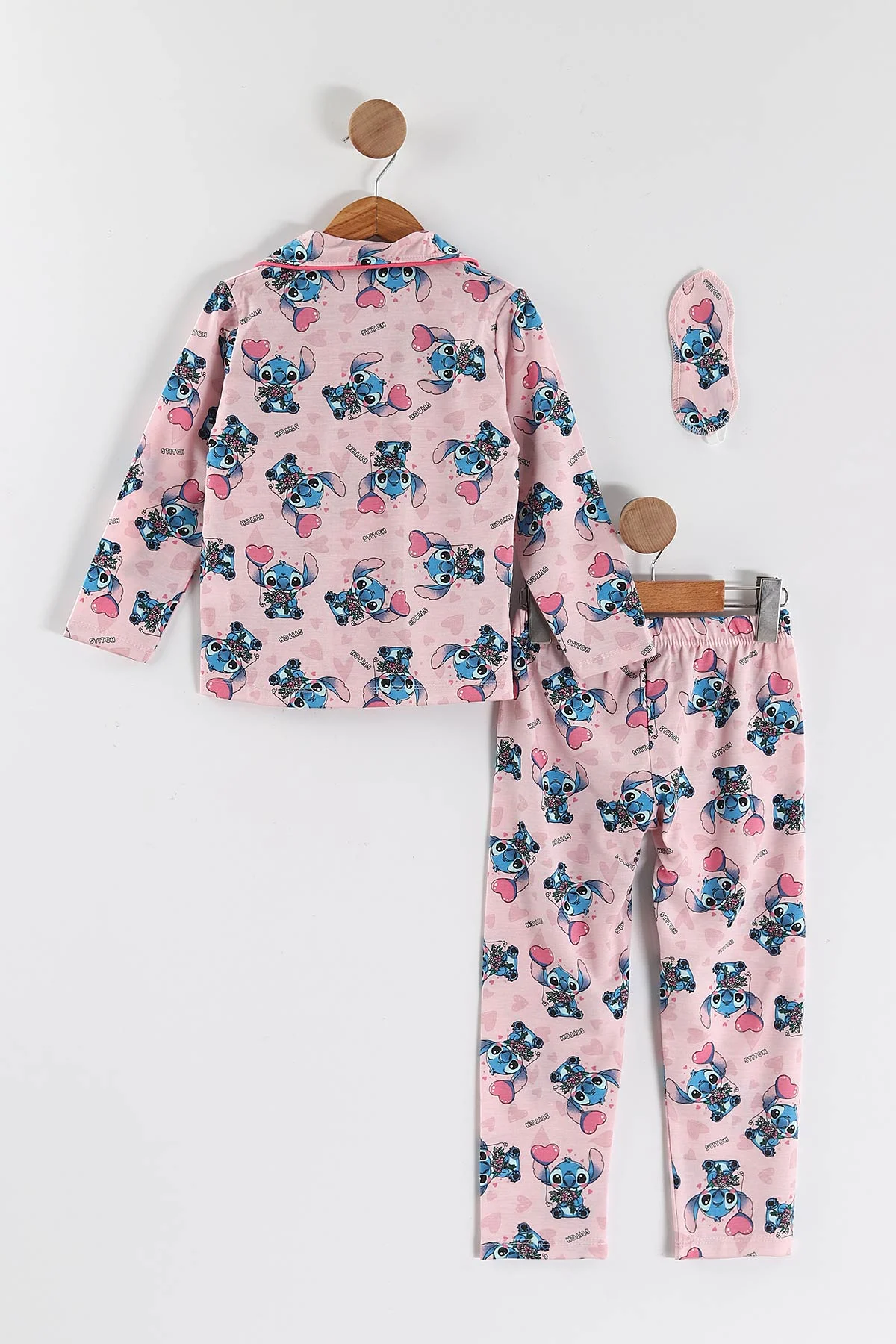 Pembe (4-12 Yaş) Baskılı Uzun Kol Ön Düğmeli Göz Bandı Detaylı Kız Çocuk Pijama Takım 453260