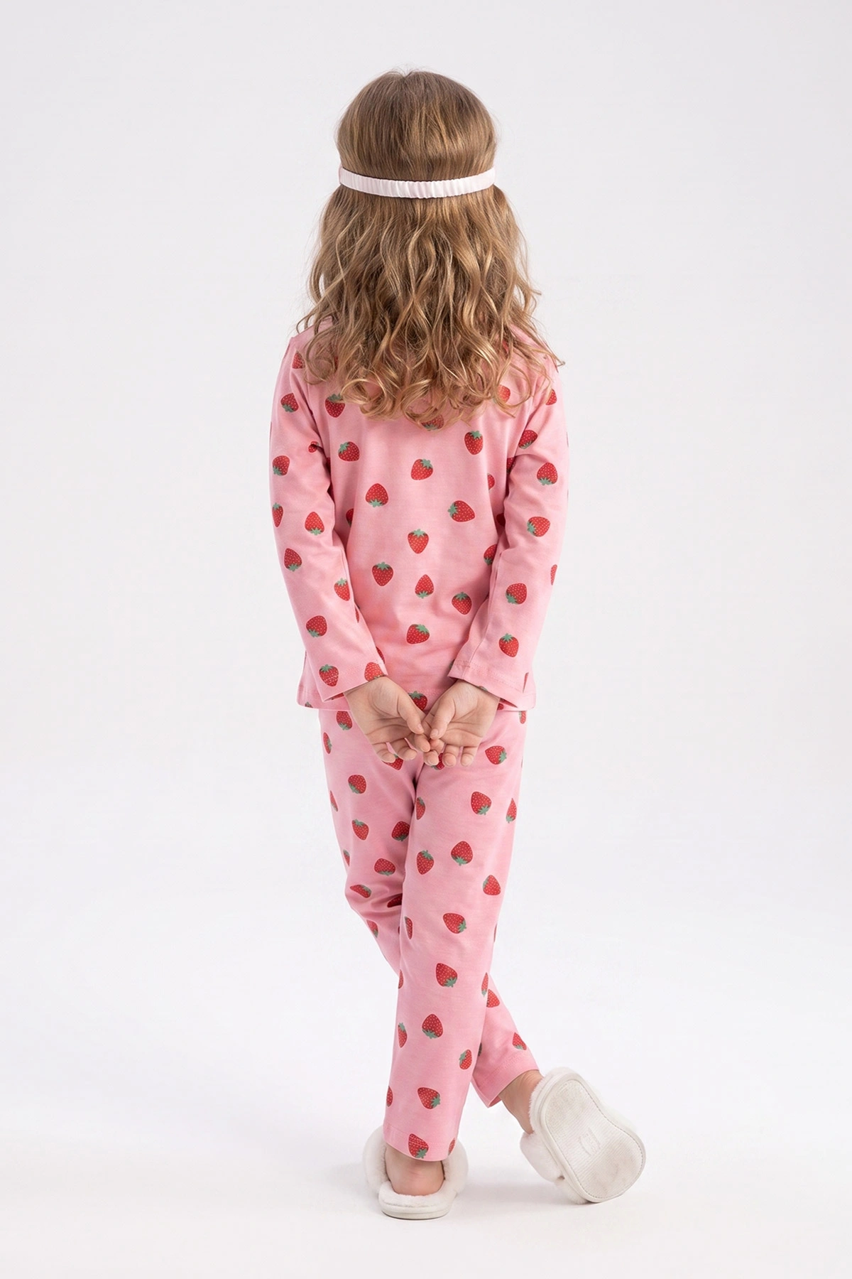 Pembe (4-12 Yaş)  Desenli Önden Düğmeli Göz Bandı Detaylı Kız Çocuk Pijama Takım 473463