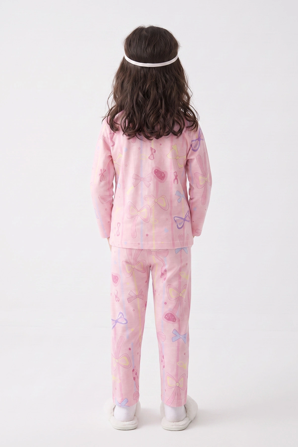 Pembe (4-12 Yaş) Desenli   Uzun Kol  Ön Düğmeli Göz Bandı Detaylı Kız Çocuk Pijama Takım 473646
